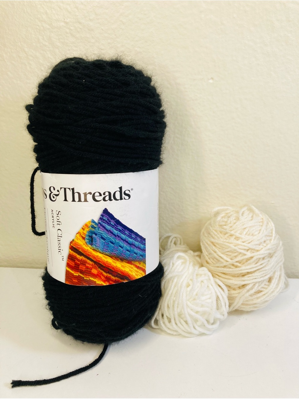 1 NEW Black Acrylic Yarn and 1.81 oz of White and Cream Soft Classic Yarn Set